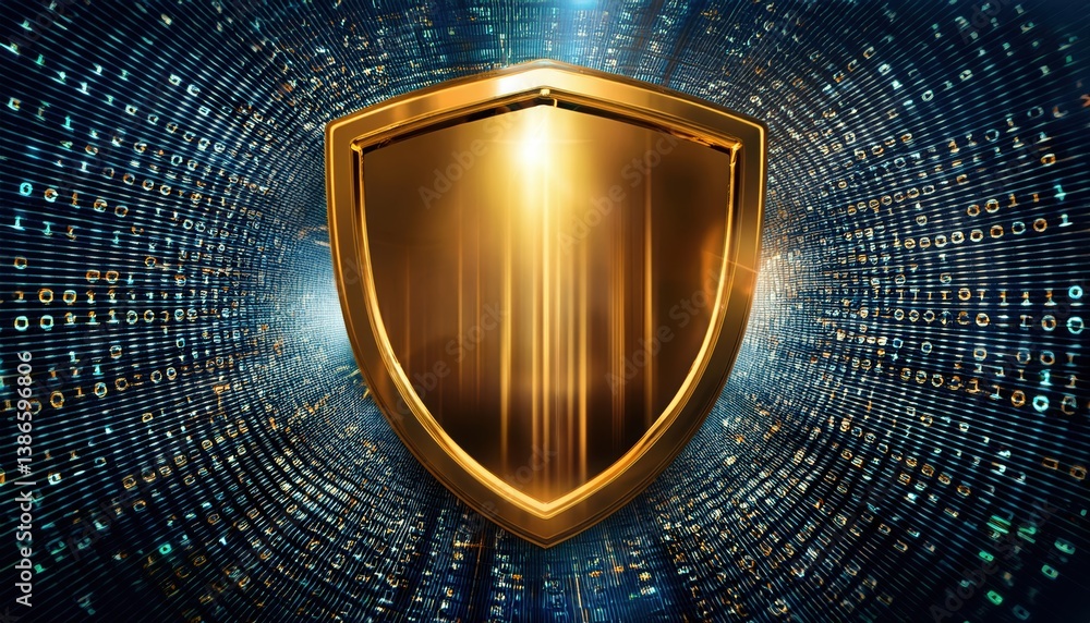 Poster polished golden shield with binary code illustrating concepts of protection and ethical standards