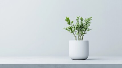 A small plant with green leaves sits in a white cylindrical pot. Its centered on a minimalist white surface against a plain white background. The image is high-quality, with soft lighting. The style