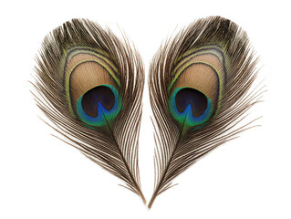 Obraz premium Heart formed by two peacock feathers with eye patterns visible on white background