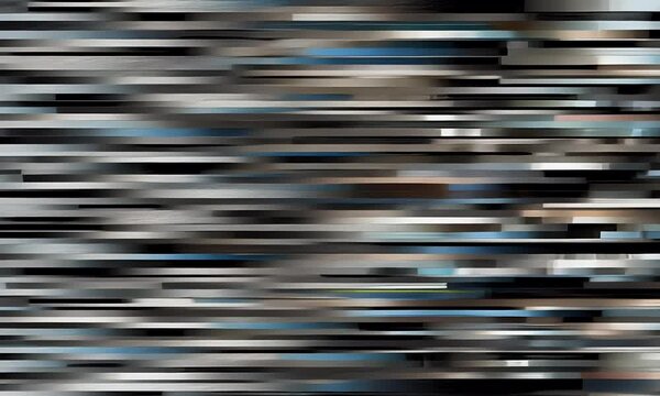 Blurry streaks of blue, black, and gray create a distorted cityscape impression. High motion abstract blur