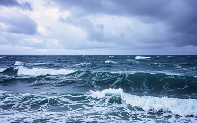 Fototapeta premium Turbulent sea with rolling waves crashing under a cloudy sky. Deep blue water contrasts with white foam and grey clouds creating a dramatic ocean scene.