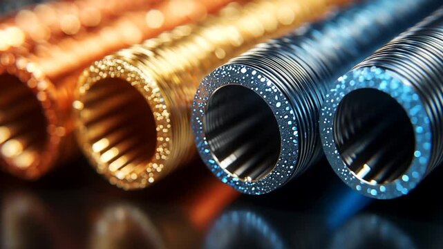 Close-up of various metal pipes, showcasing their textures and colors. Industrial background. Potential use for catalog, website, or technical documentation