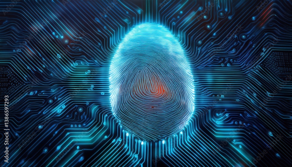 Aufkleber stylized fingerprint integrated into digital circuit board with glowing lines demonstrating security