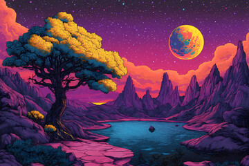 Fototapeta premium Enchanting Nebula Landscape: A mesmerizing digital painting presents a dreamscape of vibrant cosmic wonder, showcasing a luminous tree, majestic mountains, and a celestial moon in a surreal.