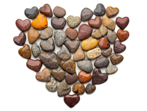 Heart shaped from scattered pebbles arranged in gradient sizes on white background