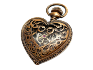 Antique pocket watch with heart shaped case and visible mechanism on white background