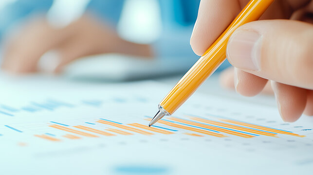 A cropped image of cooperate skilled business team discussion about stock investment while point the analysis stock chart. Show up and down trend. Stock market trading concept. Closeup. Burgeoning.