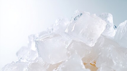 Obraz premium A pile of translucent ice cubes is the focus. The cubes vary slightly in size and shape, creating a textured mass. The image is brightly lit, enhancing the ices clarity. The style is minimalist and