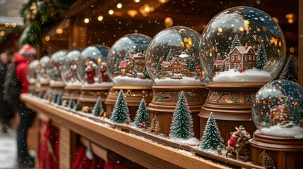 Naklejka premium Winter wonderland snow globes. Christmas market display