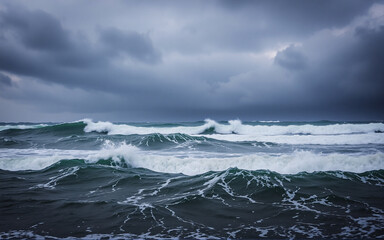 Fototapeta premium Dark ocean waves crash under a dramatic, stormy sky. Turbulent water is whipped into whitecaps, contrasting with the ominous, dark cloudscape above the horizon. Nature's power is on full display.