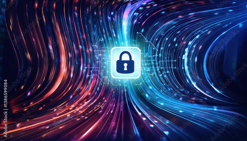 Poster a lock positioned at the center of a tunnel symbolizing secure passage and protection in cyberspace
