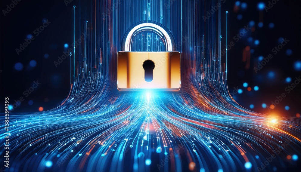 Poster a padlock on a dark background representing security and privacy in the digital age with encrypted d