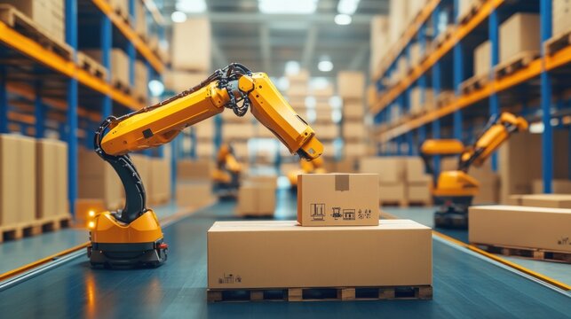 Automated warehouse robots handling packages on a conveyor belt