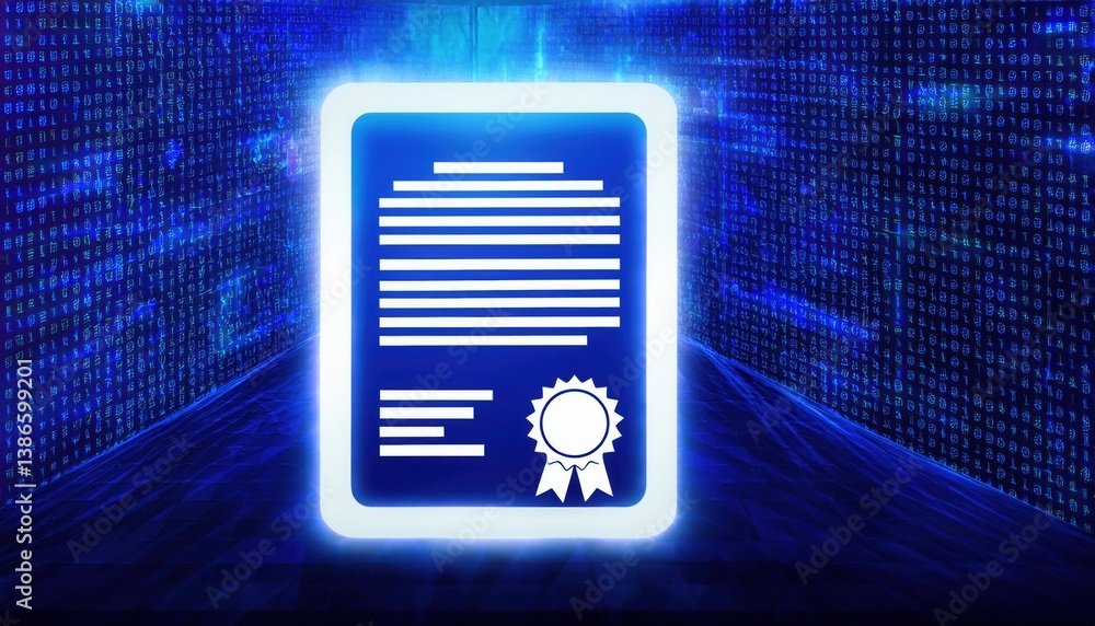 Poster a document set against a blue background featuring a check mark indicating approval and validation