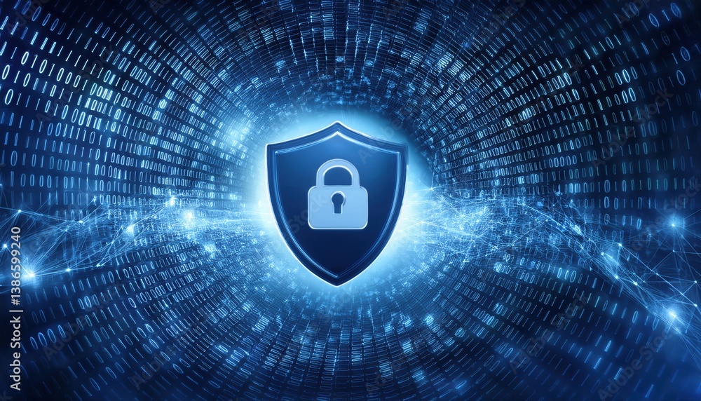 Poster a shield featuring a lock symbolizing data protection and security in a secure tunnel environment