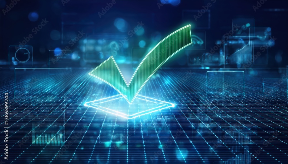 Poster a tick symbol floating on a digital circuit indicating approval over a sleek interface design