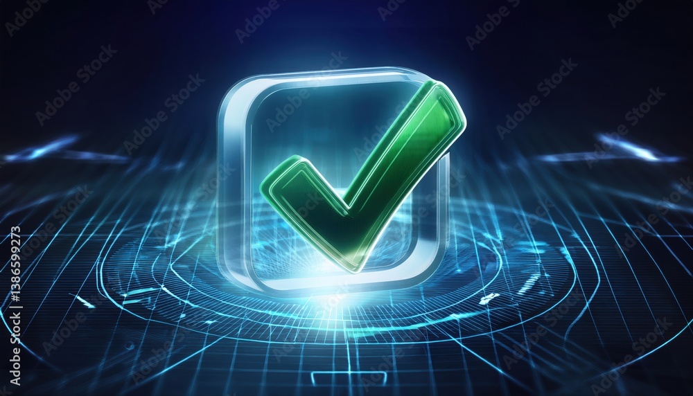 Poster glowing green tick symbol on dark background representing approval and success in digital interface