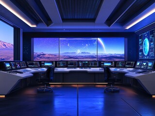 Futuristic Control Room with Panoramic Night Sky View