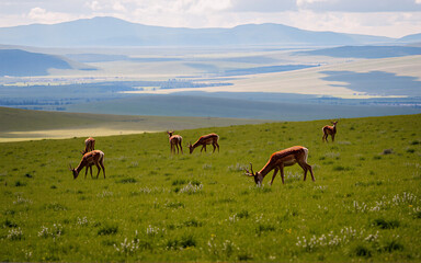 A herd of deer peacefully grazes in a vast green field with rolling mountains far off in the background under a bright cloudy sky.