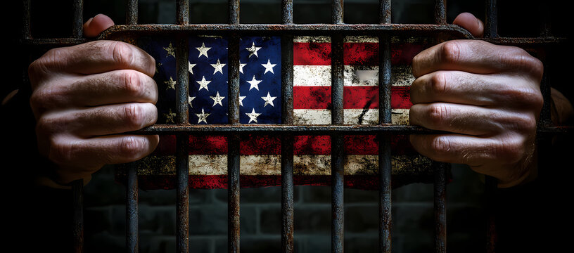 Symbol of Confinement: A stark depiction of imprisonment features hands gripping cold prison bars, with the American flag as a powerful backdrop, symbolizing themes of freedom, justice, and struggle.