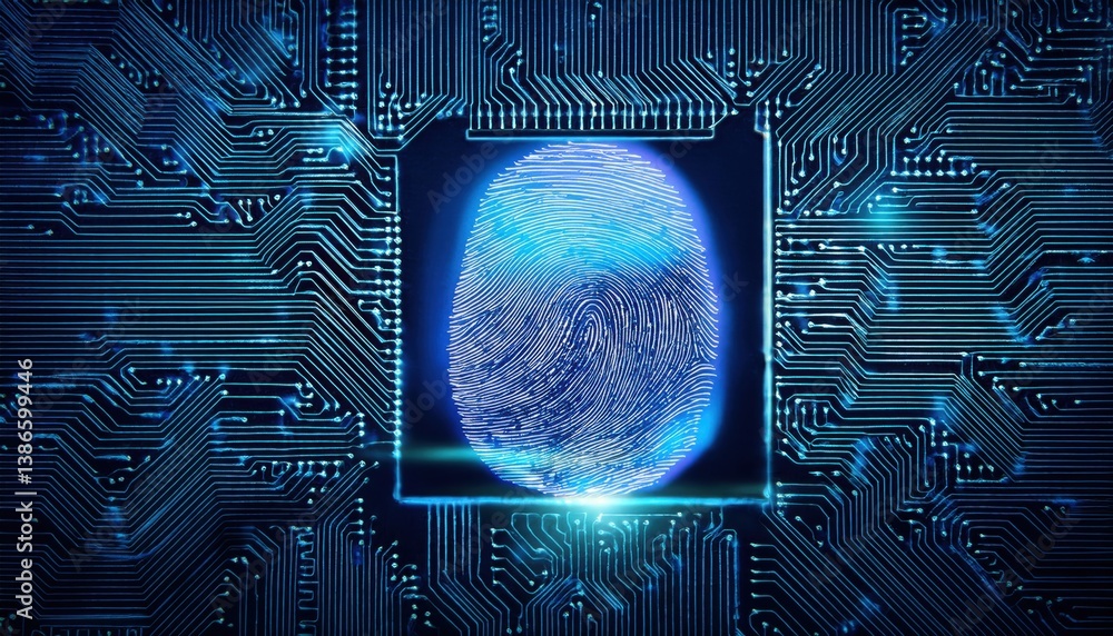 Poster stylized fingerprint embedded in circuit board with transparent overlay representing unique identity