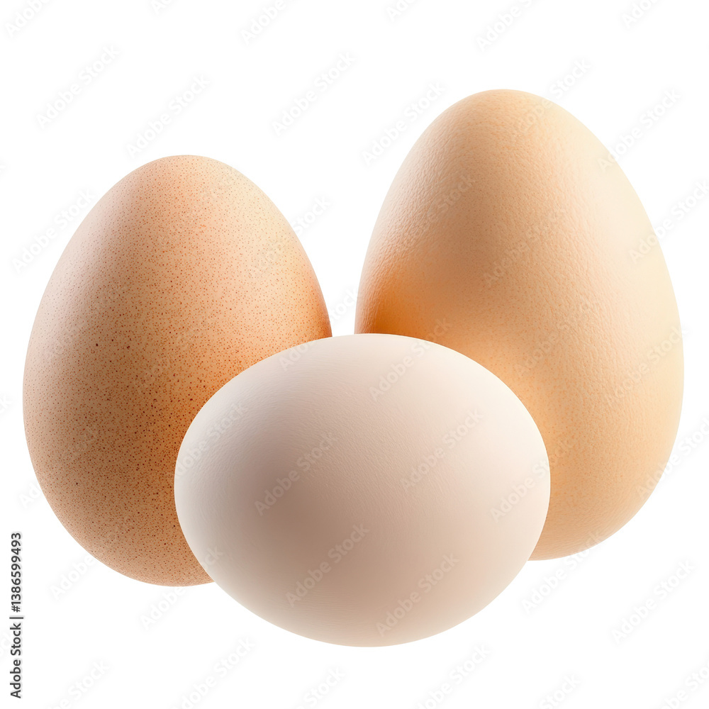 Poster three freshly collected white eggs arranged neatly on a light wooden surface in a natural setting is