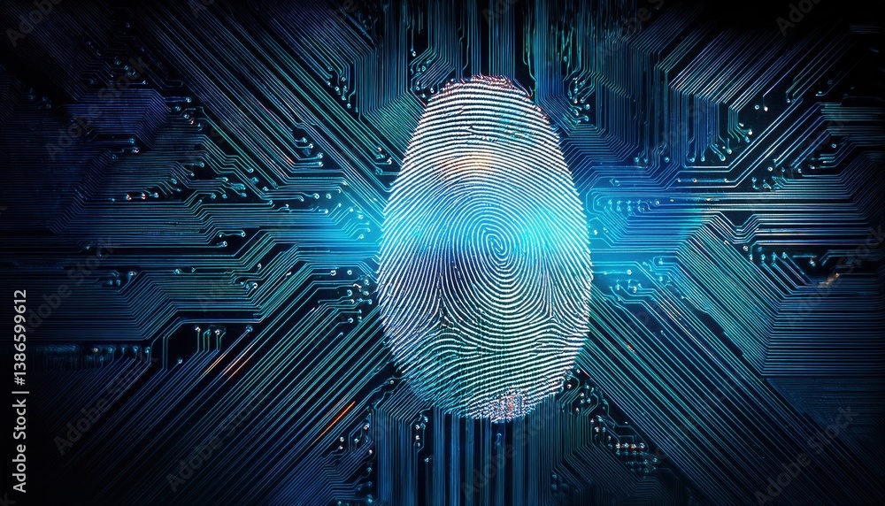 Poster stylized fingerprint on computer representing digital security and unique identification concept