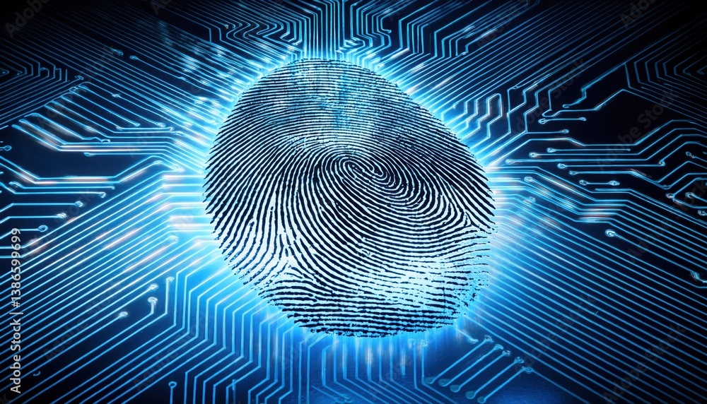 Poster stylized fingerprint embedded in circuit board with transparent overlay representing digital identit