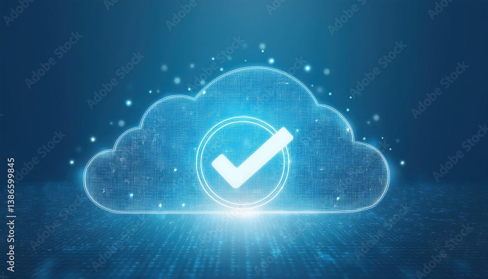 Poster cloud featuring a prominent check mark symbol overlaid on an abstract digital background with partic