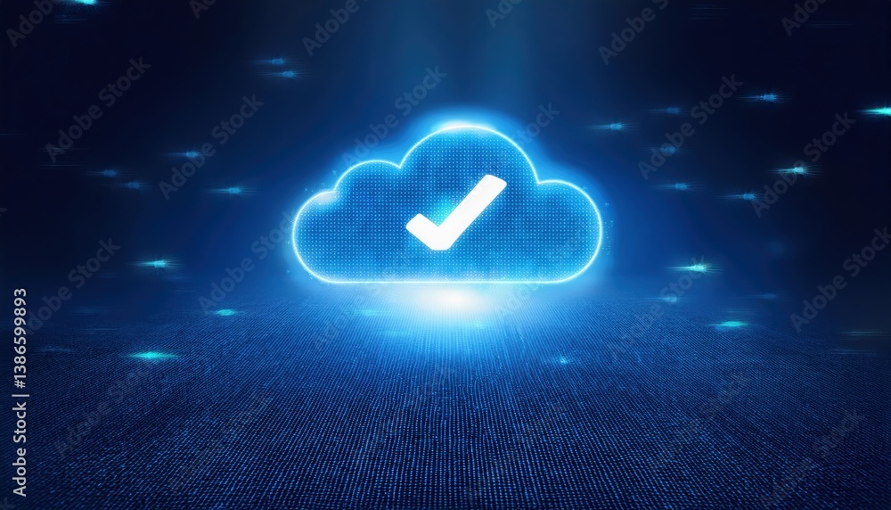 Poster enchanting cloud with a check mark symbol representing approval in a digital space with light effect
