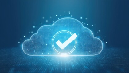 Cloud featuring a prominent check mark symbol overlaid on an abstract digital background with particles