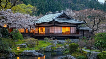 Obraz premium Tranquil Japanese Garden with Traditional House and Cherry Blossom Trees