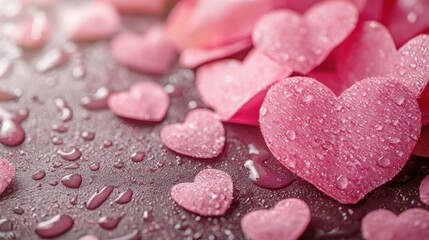 Obraz premium Close-up of pink heart-shaped petals covered in water droplets on a dark surface, symbolizing romance, tenderness, and emotion.