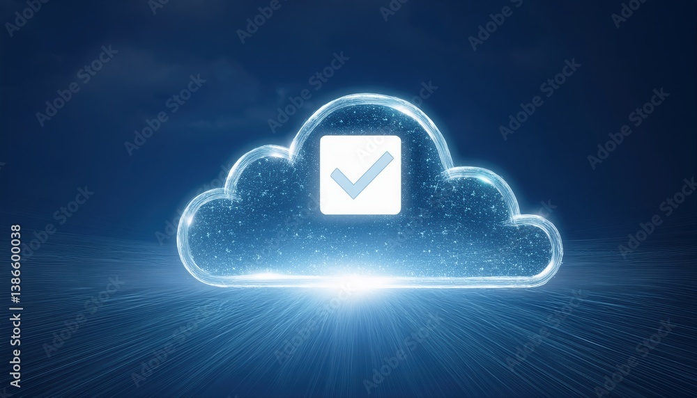 Poster cloud with check mark symbolizing digital consent and approval in ethereal light particles