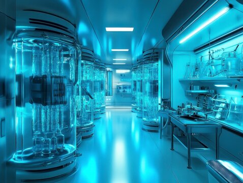 Futuristic Laboratory Interior with Glowing Blue Data Streams