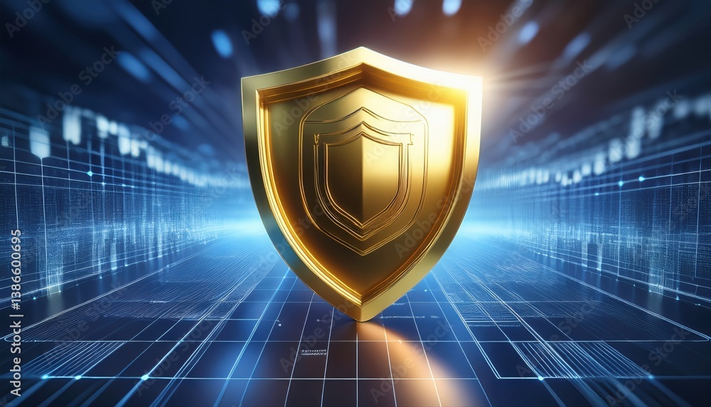 Poster gold shield icon layered over digital report layout with secure document visualization elements