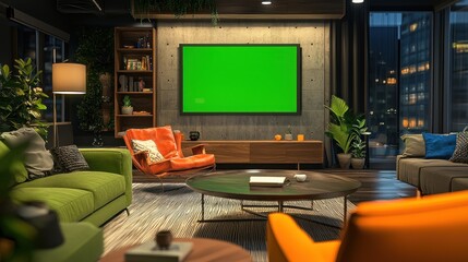 Modern Living Room with Green Screen TV at Night