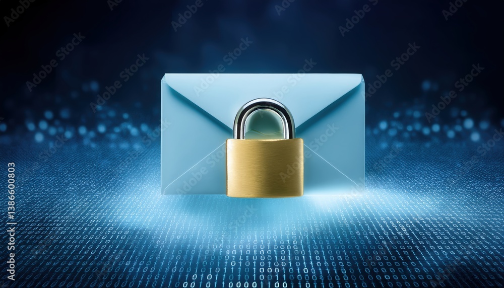 Poster minimalist envelope icon sealed with a golden padlock hovering over encrypted binary fog