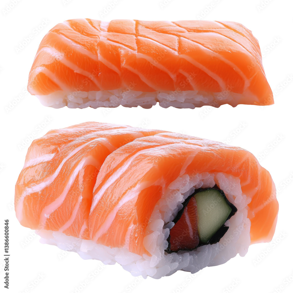 Poster Sushi roll in japanese style with fresh ingredients and artistic presentation for culinary enthusiasts isolated on transparent background..