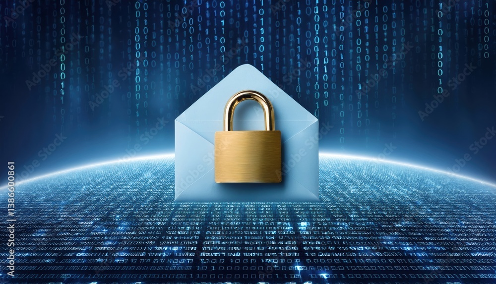 Poster minimalist envelope icon sealed with a golden padlock over encrypted binary background design