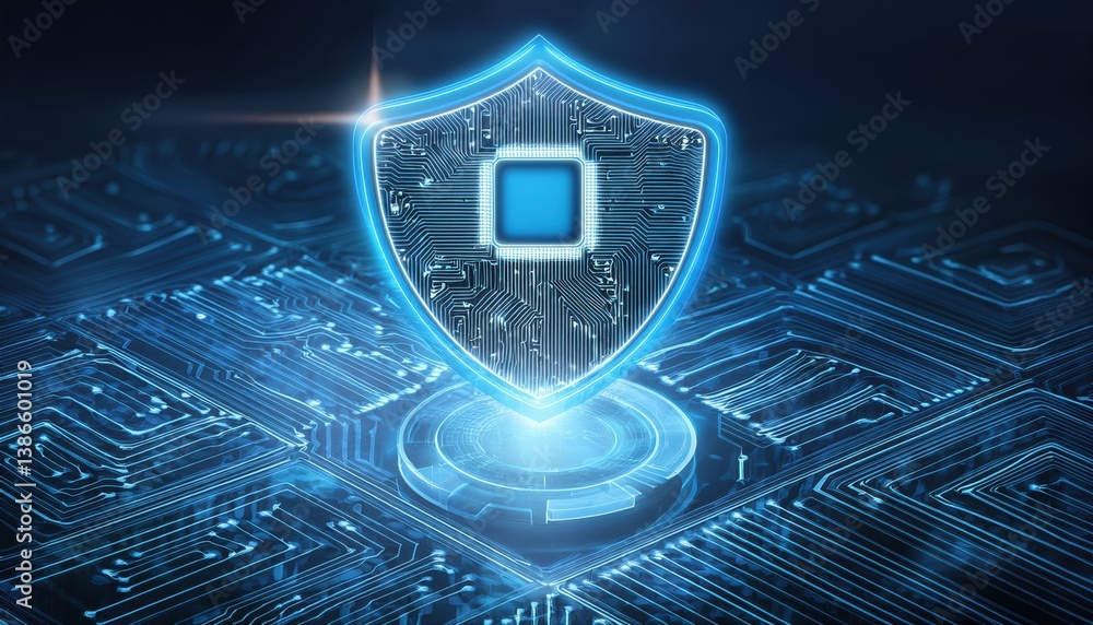 Poster shield-shaped hologram hovering above a circuit labyrinth with glowing encryption paths