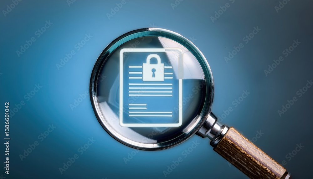 Aufkleber stylized magnifying glass hovering over a secure report document symbolizing privacy inspection