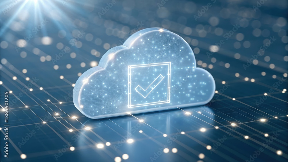 Poster floating consent checkbox in a digital cloud with light particles representing approval icon