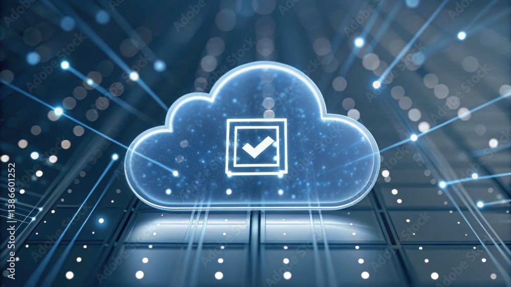 Poster floating consent checkbox in a digital cloud with light particles representing approval icon