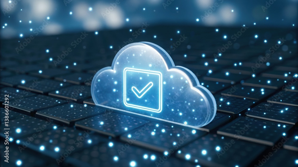 Poster floating consent checkbox in a digital cloud with light particles representing approval icon
