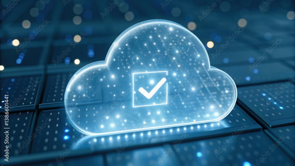 Poster cloud with check mark icon indicating approval and success in digital communication environment