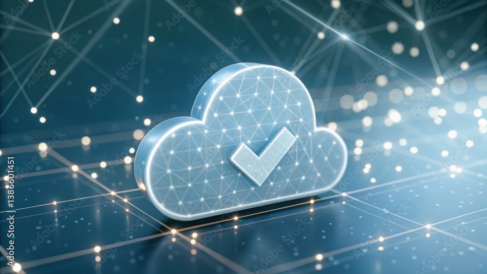 Poster cloud with check mark signifying acceptance and successful completion in digital communication conte