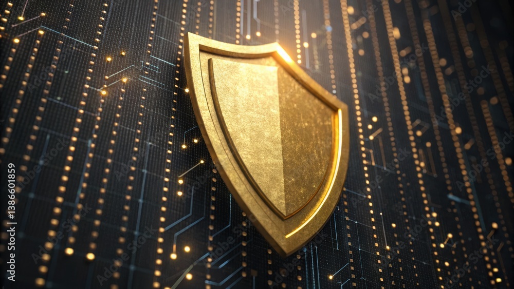 Poster golden shield enclosing a stream of glowing binary code on a circuit board for cybersecurity