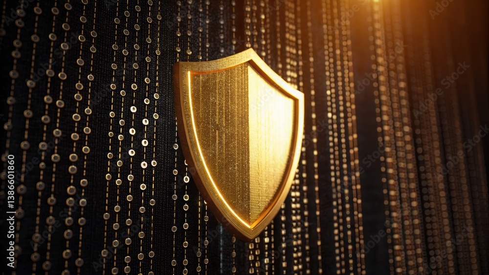 Poster golden shield enclosing a stream of glowing binary code on a dark background symbolizing security