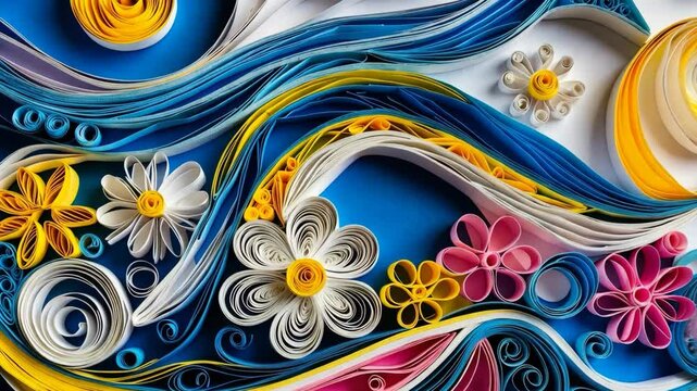 Intricate Paper Quilling Artwork: Floral Design and Swirling Colorful Abstract Elements